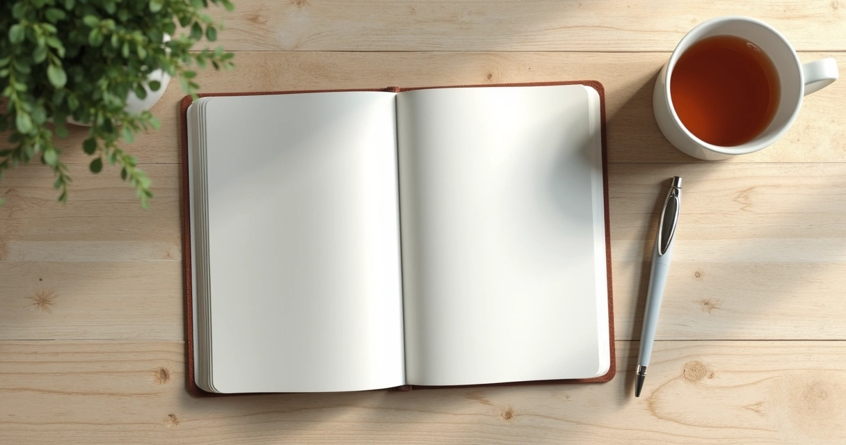 Caderno aberto com anotações e chá sobre mesa clara 