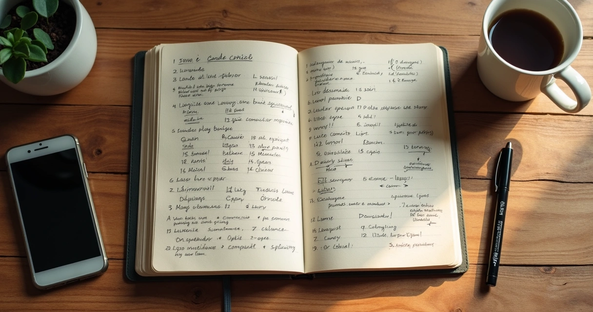Caderno com anotações de padrões emocionais e xícara de café 
