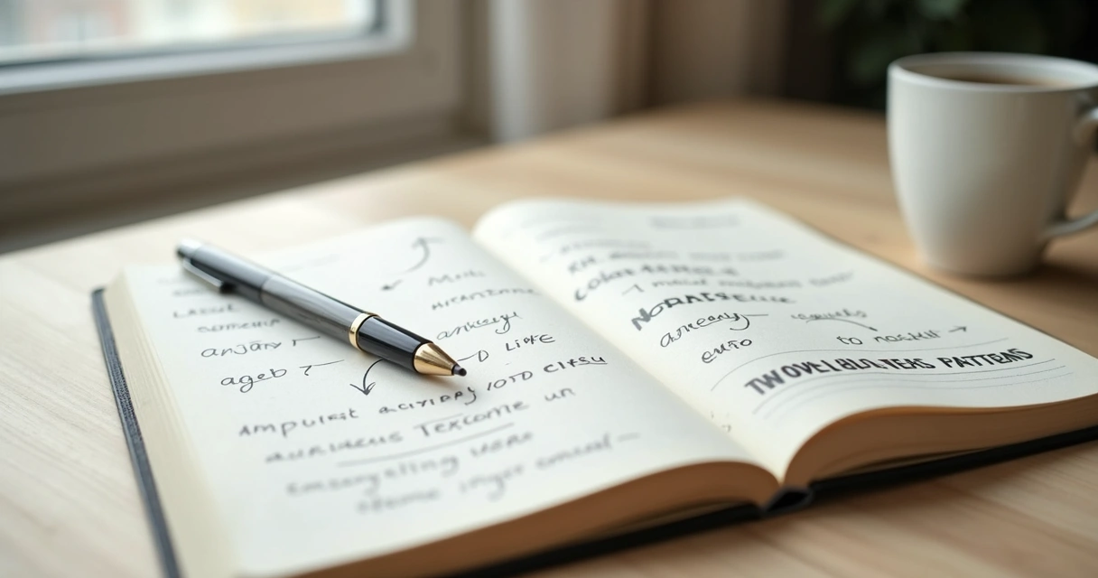 Caderno com anotações sobre padrões emocionais e xícara ao lado 