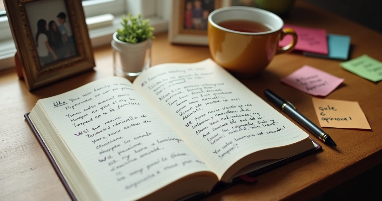 Caderno com anotações sobre emoções e relações familiares