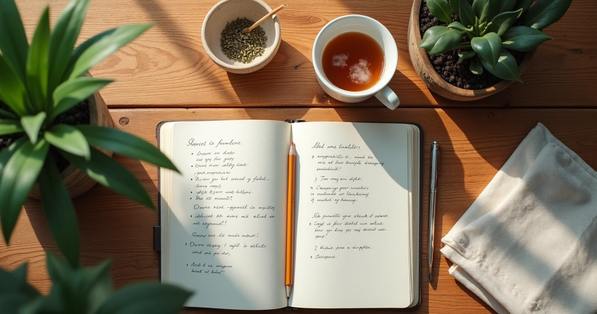 Caderno aberto com anotações emocionais ao lado de chá e luz suave