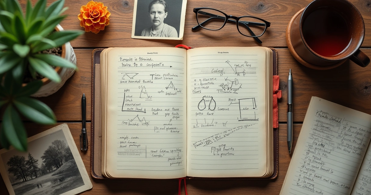 Caderno com anotações e fotos de família sobre uma mesa 