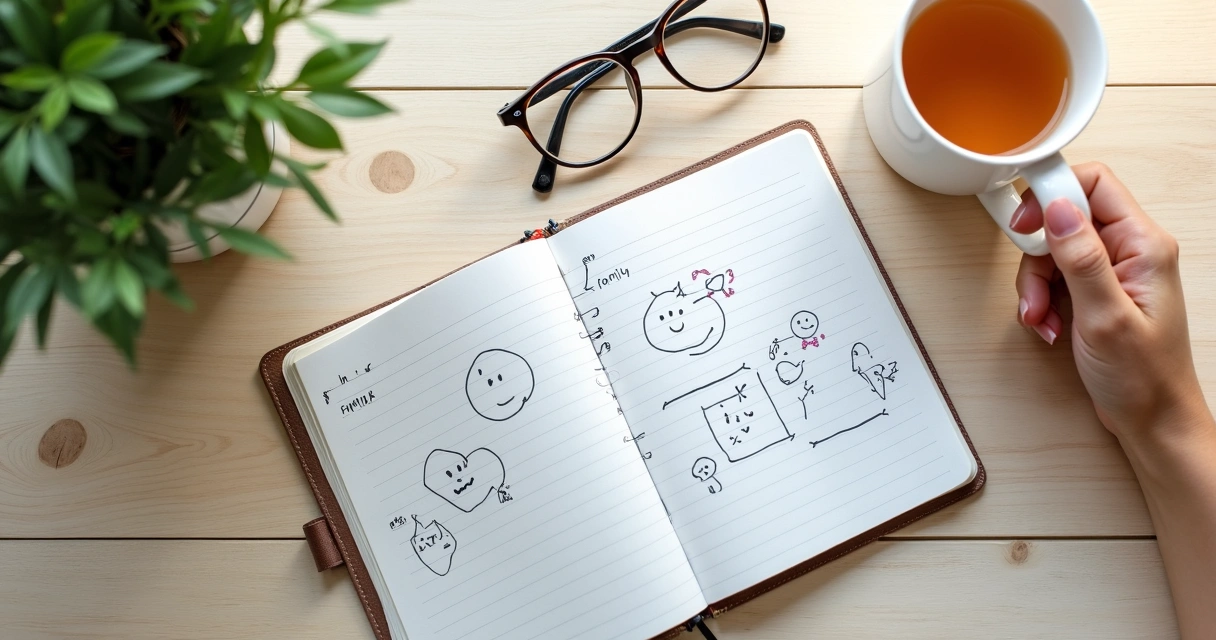 Caderno com anotações sobre relações familiares