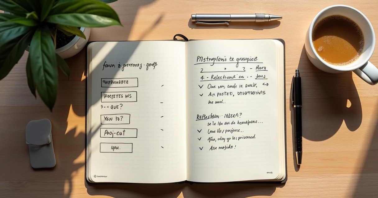 Caderno aberto com anotações sobre padrões e planejamento de projeto
