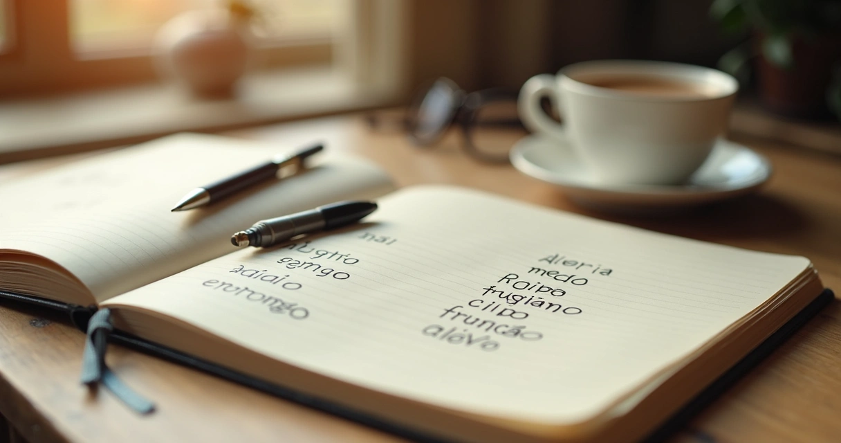 Caderno com palavras emocionais escritas à mão e caneta ao lado 
