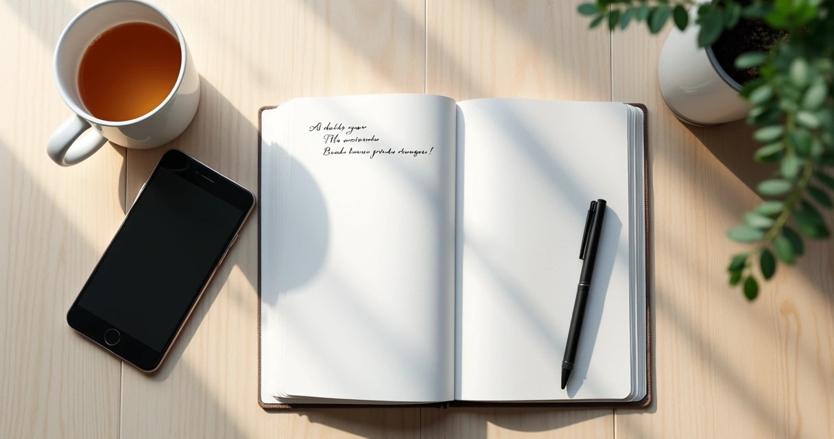 Caderno aberto com anotações ao lado de uma xícara em pausa reflexiva 