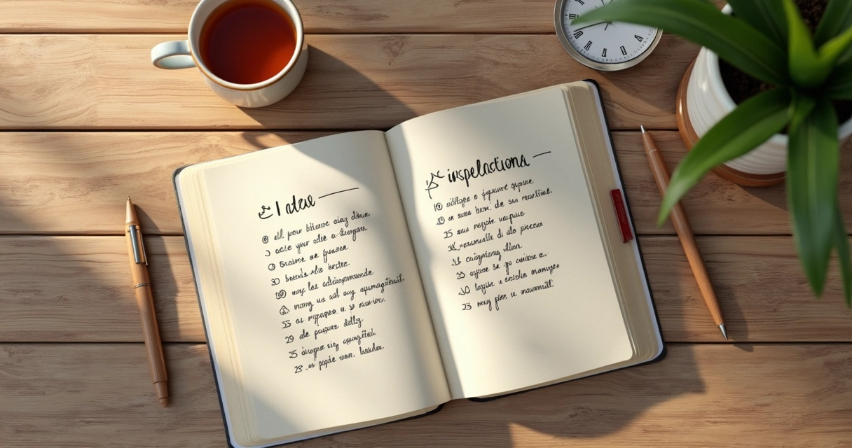 Caderno aberto com anotações de reflexão e xícara ao lado
