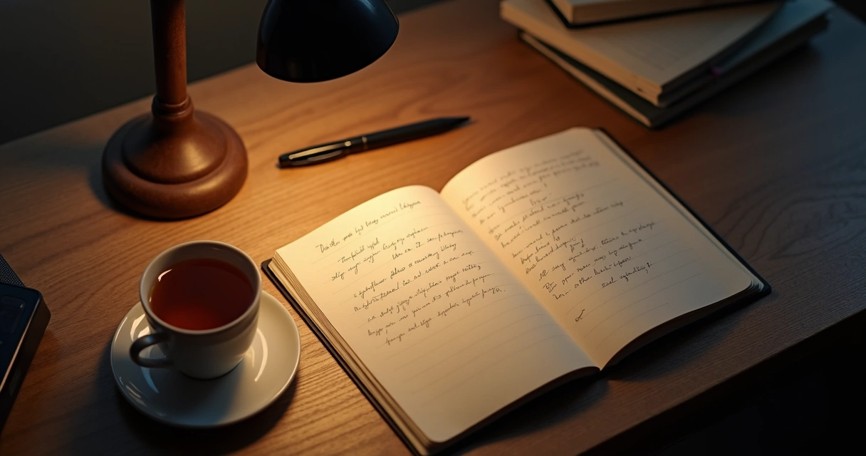 Caderno aberto com anotações ao lado de uma xícara à noite