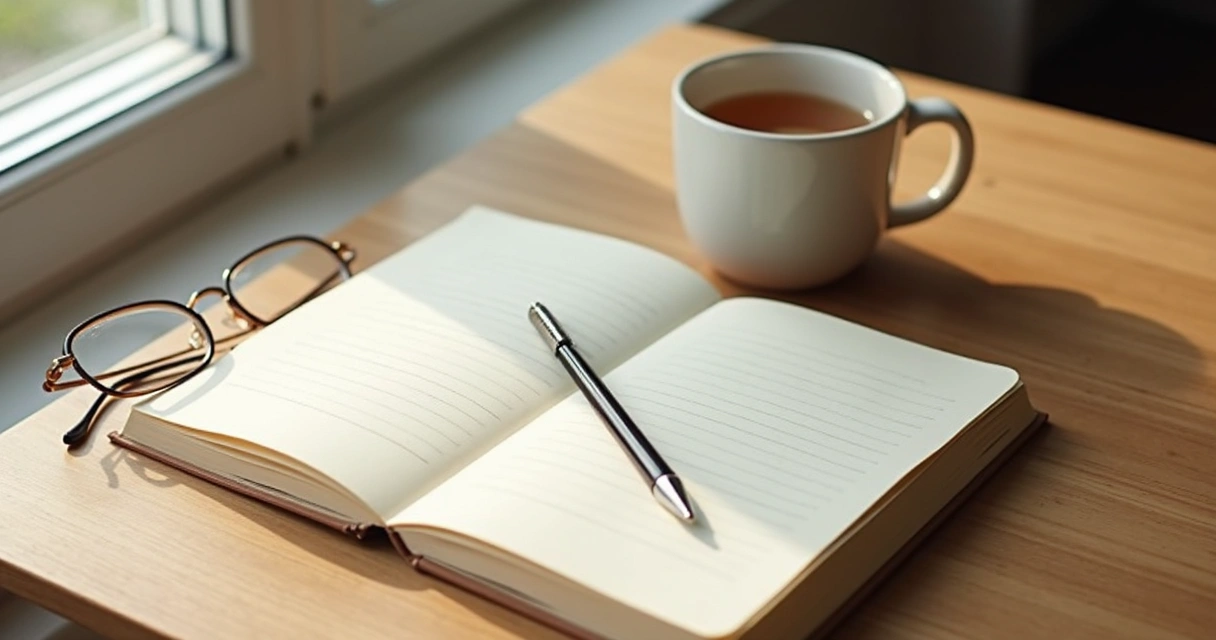 Caderno aberto com óculos e xícara em mesa silenciosa