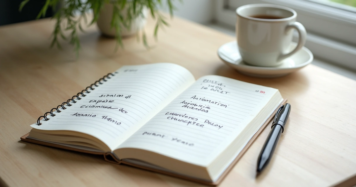 Caderno com anotações de pensamentos e caneta sobre mesa clara 