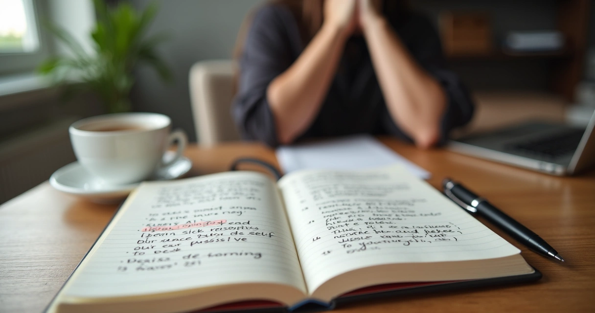 Caderno com frases negativas e pessoa pensativa à mesa