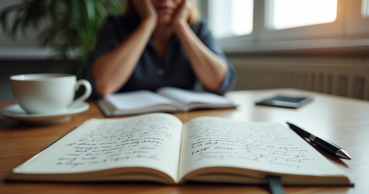 Caderno com anotações e pessoa refletindo à mesa