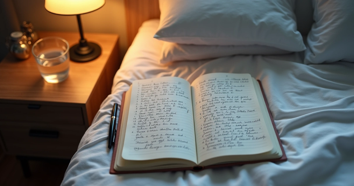 Caderno com anotações noturnas ao lado de uma cama 