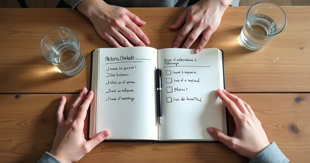 Caderno com perguntas abertas e caneta sobre mesa