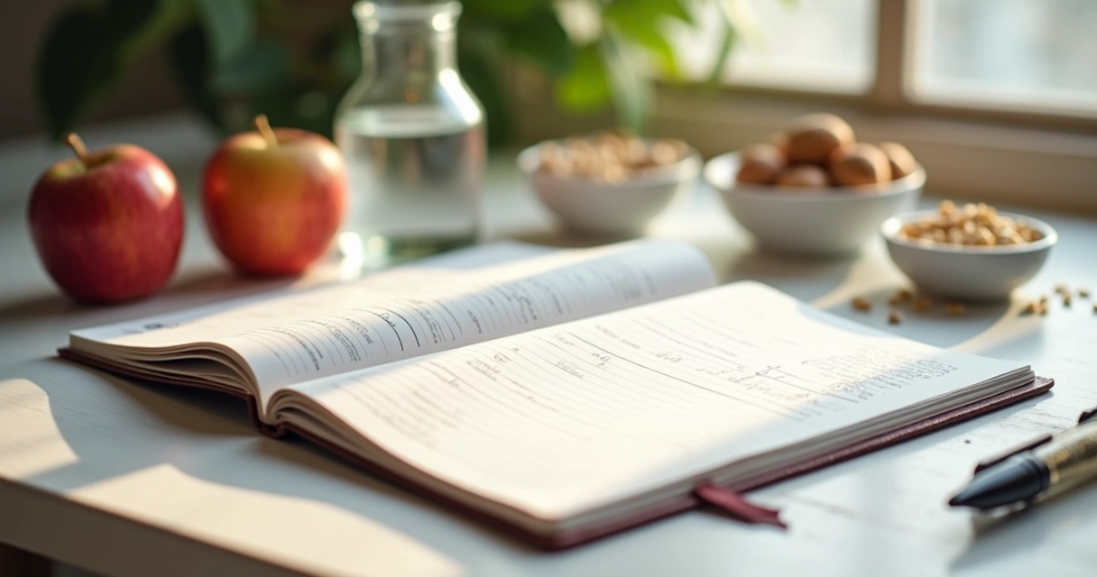 Caderno com planejamento alimentar ao lado de frutas e água 