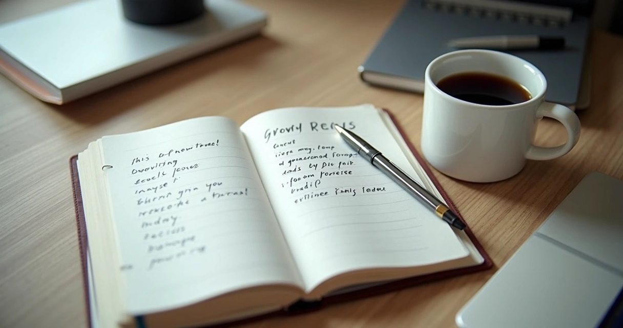 Caderno aberto, caneta e anotação sobre autodesenvolvimento 