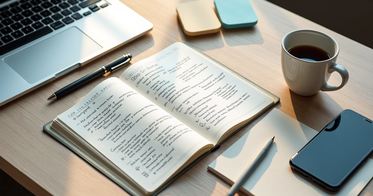Caderno com planejamento de carreira e anotações em mesa de trabalho
