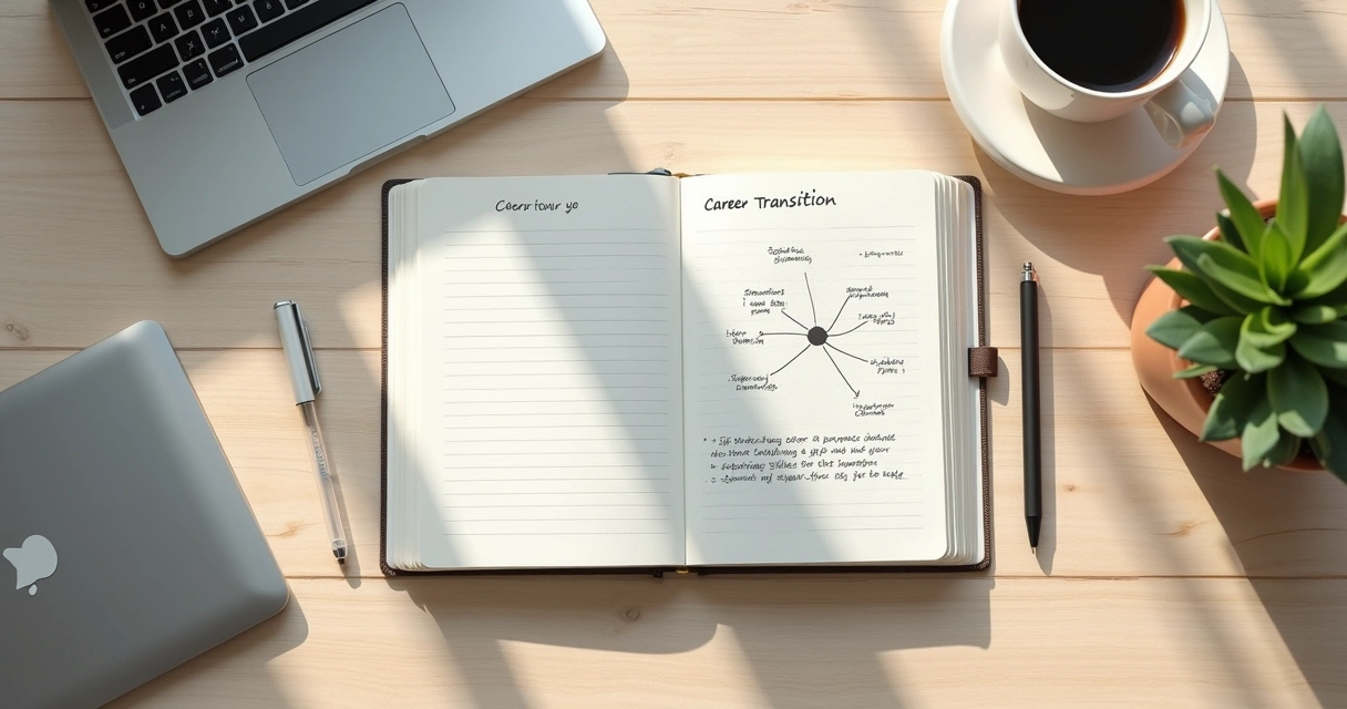 Caderno com plano de carreira, café e computador sobre mesa clara