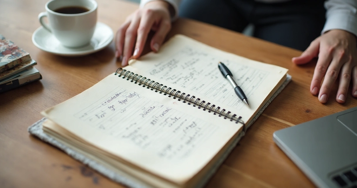 Caderno com planejamento de carreira e xícara sobre mesa 