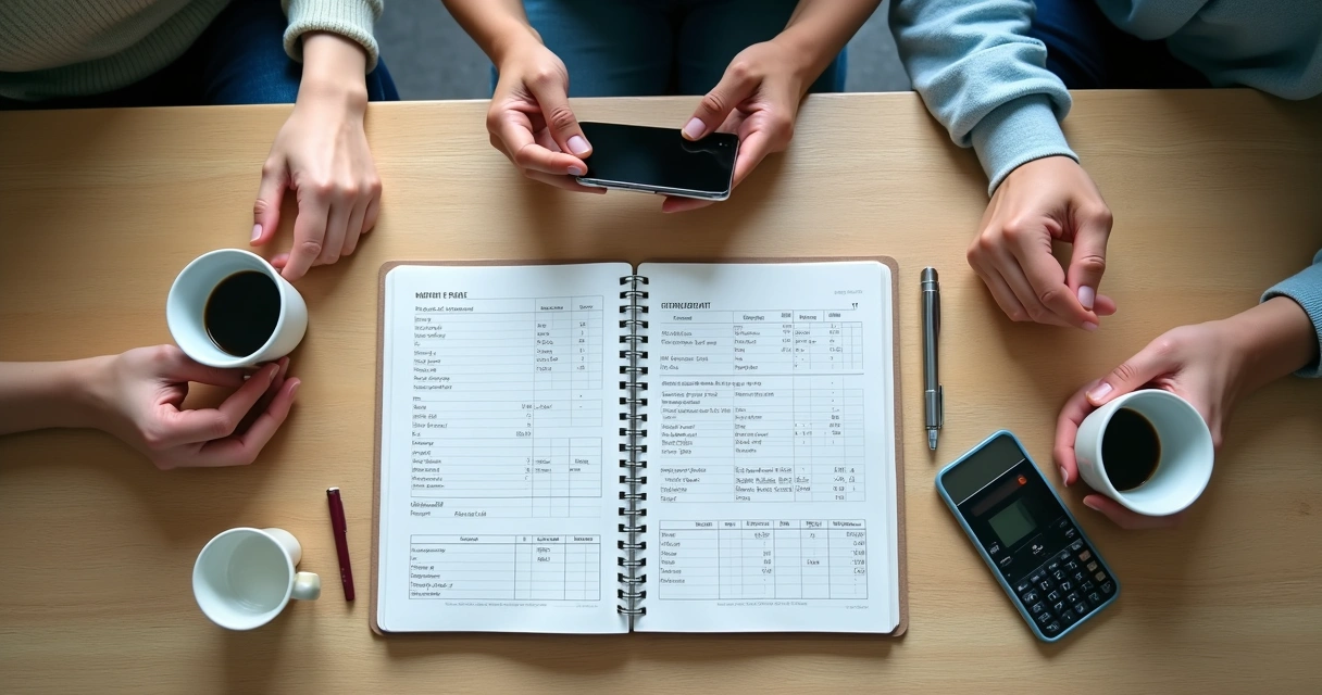 Caderno com anotações de orçamento e mãos em conversa familiar