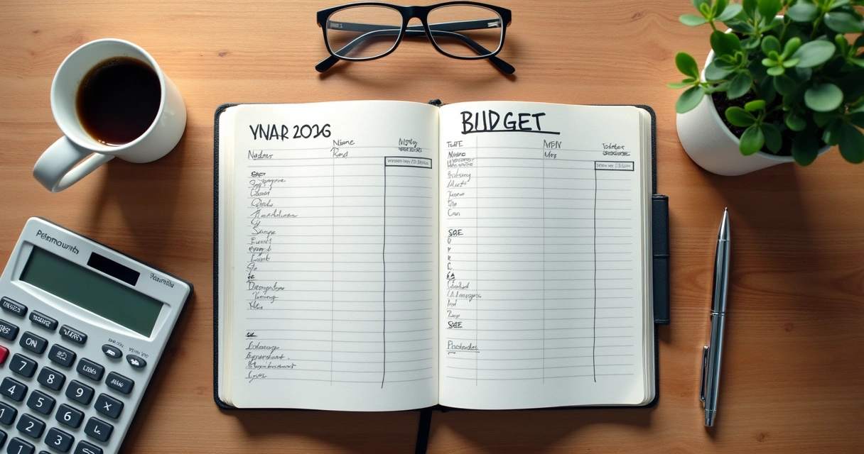 Caderno com planejamento financeiro e xícara de café 