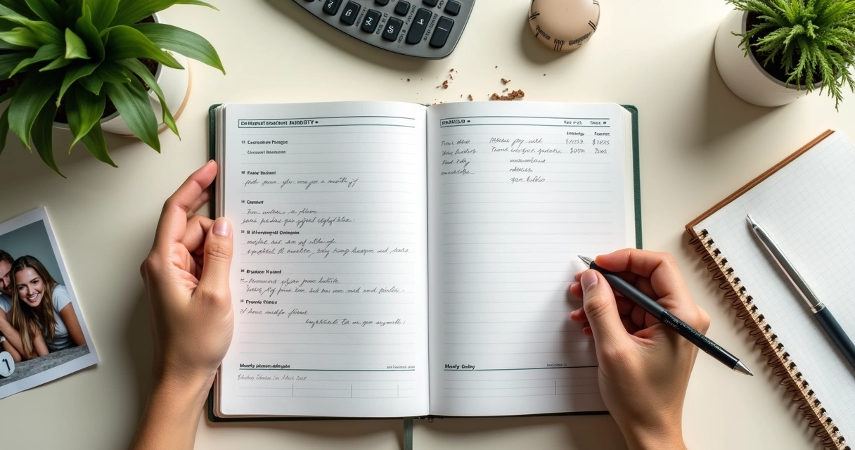 Caderno de planejamento financeiro com anotações e mãos escrevendo 