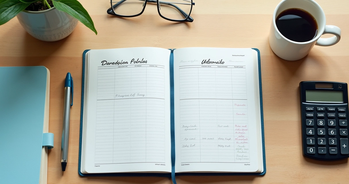 Caderno com orçamento mensal, calculadora e xícara sobre mesa clara
