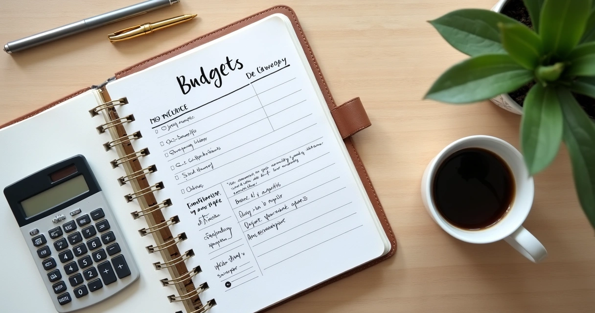 Caderno com metas financeiras, calculadora e xícara sobre mesa clara 