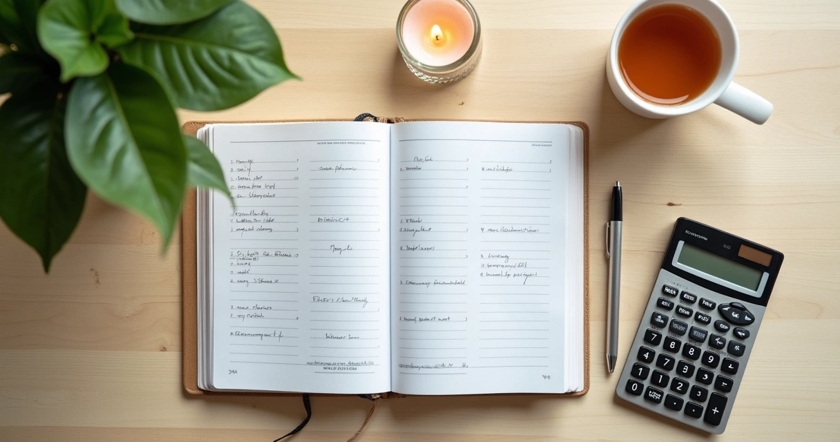 Caderno com orçamento, vela acesa e xícara sobre mesa clara