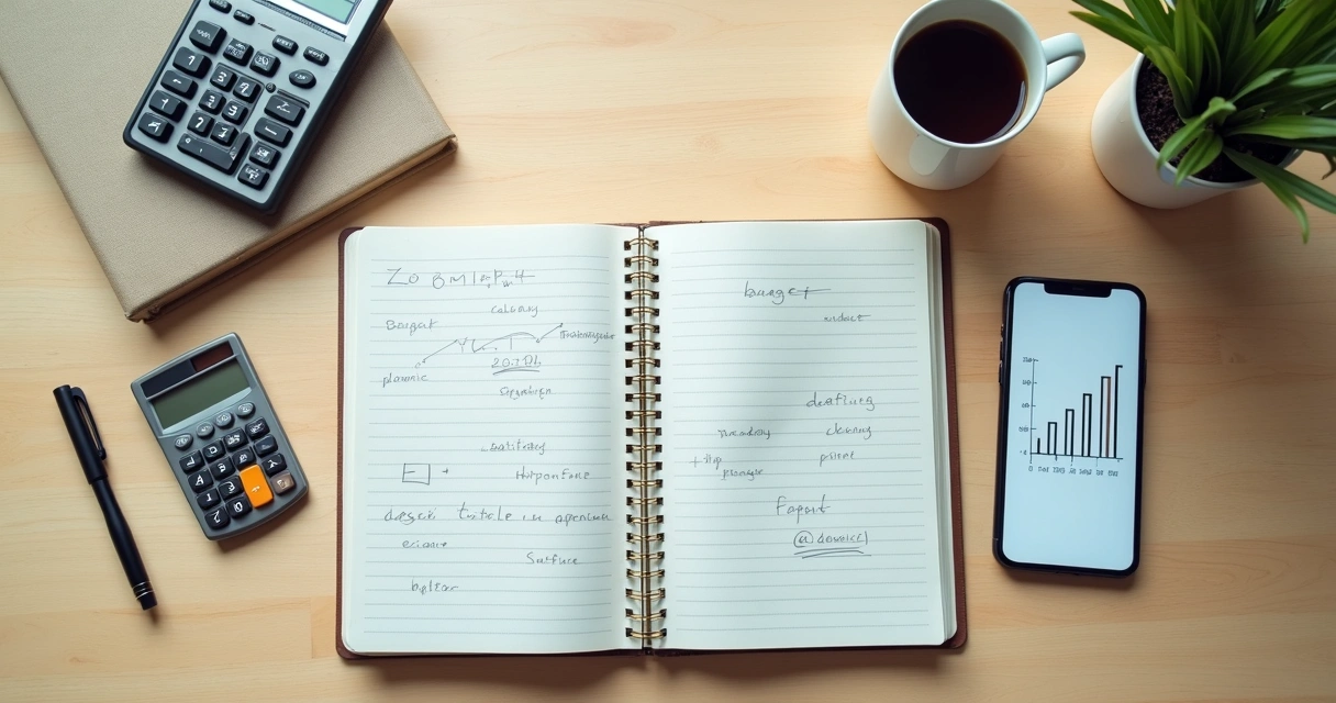 Caderno de planejamento financeiro com café e calculadora em mesa clara