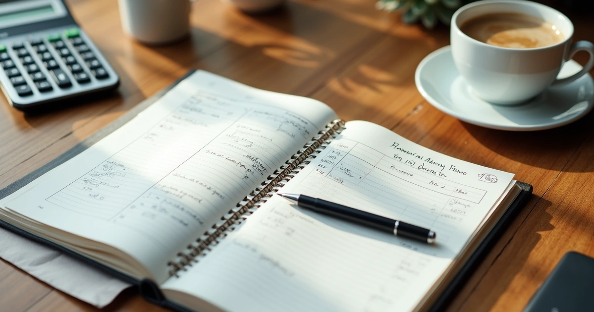 Mesa com caderno de planejamento financeiro, caneta, calculadora e café 