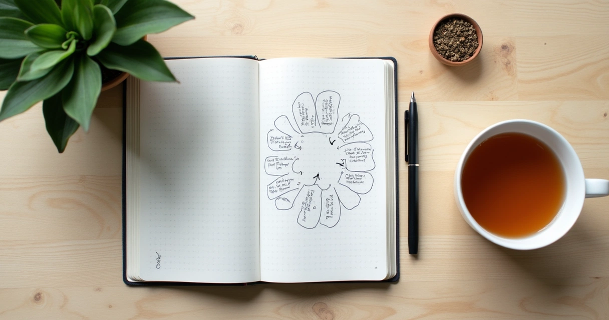 Caderno aberto com anotações de planejamento de grupo de meditação 