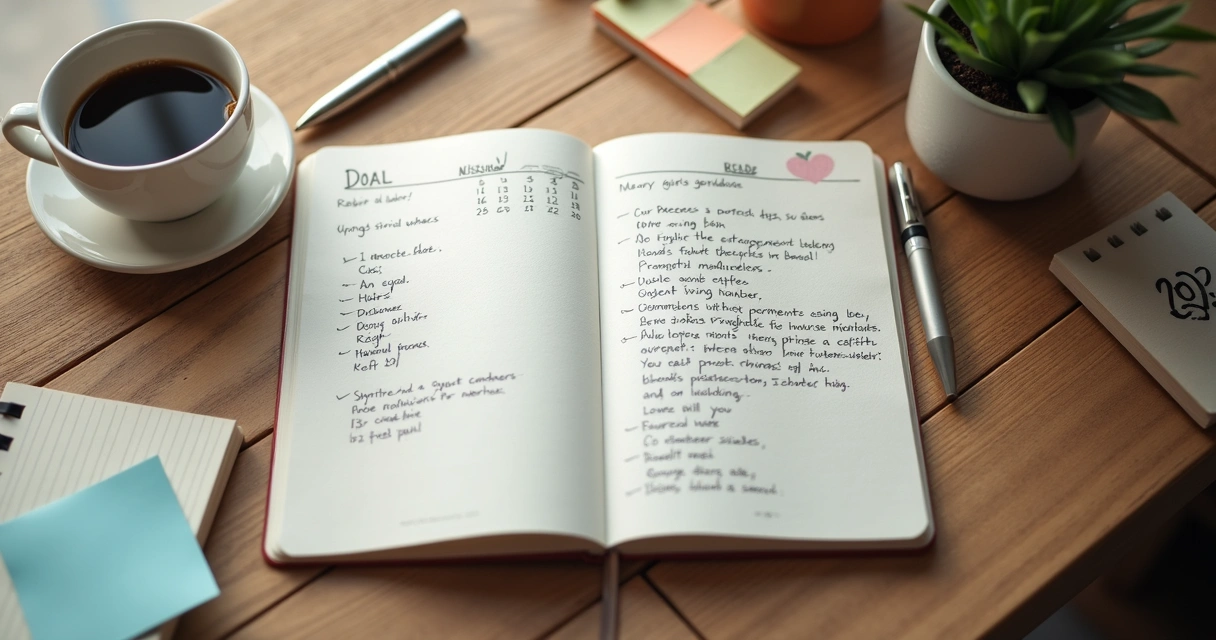Caderno aberto com metas e calendário na mesa 
