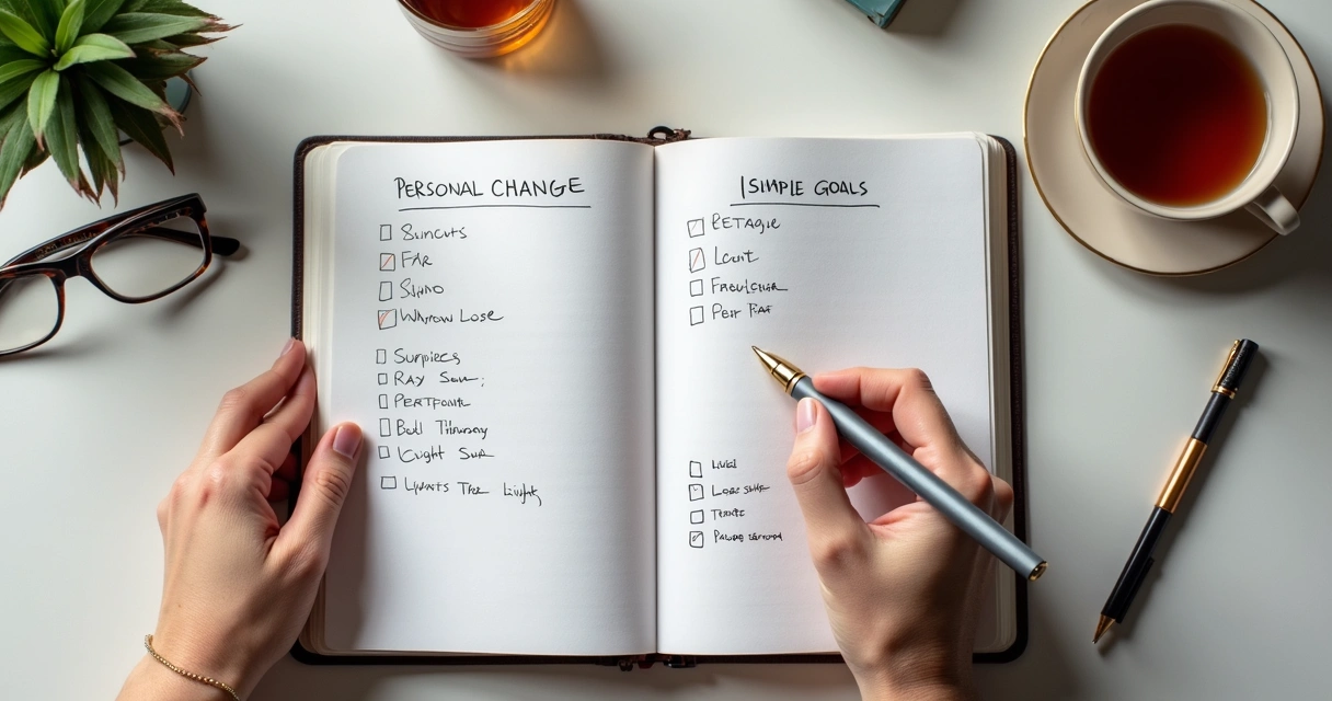 Caderno aberto com plano de mudança e mão escrevendo