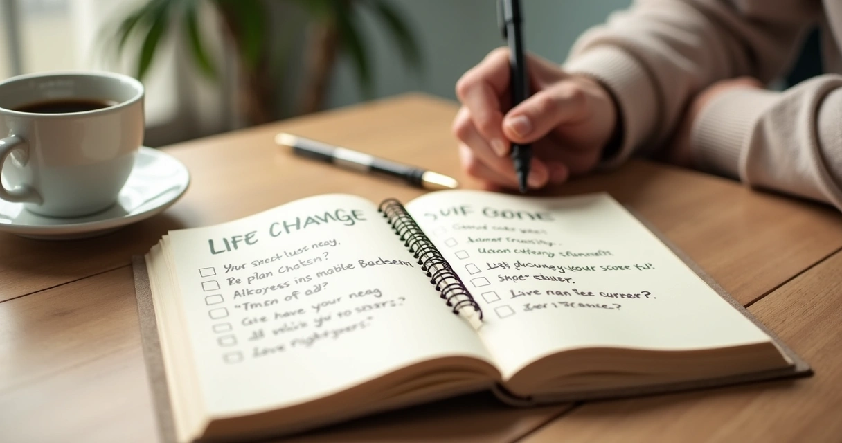 Caderno com planejamento de mudança e mãos segurando caneta