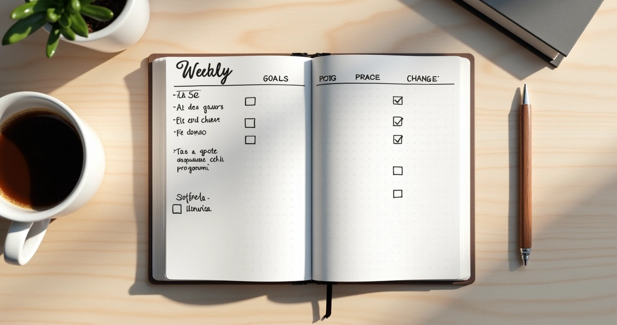 Caderno aberto com metas simples e xícara ao lado