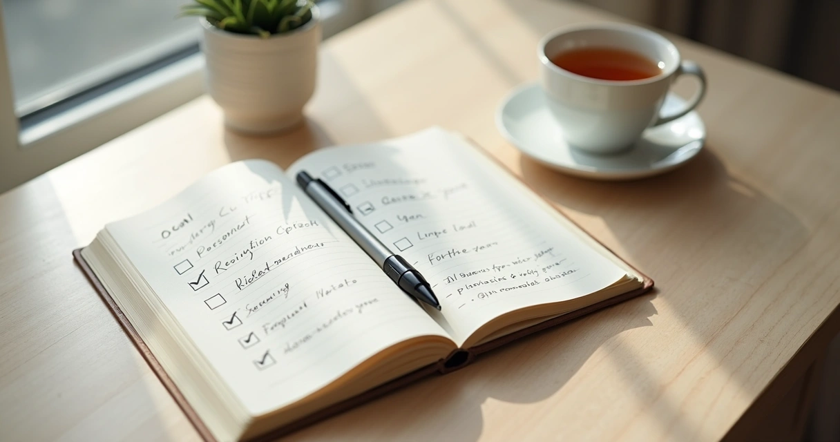 Caderno aberto com metas escritas e caneta sobre mesa clara 