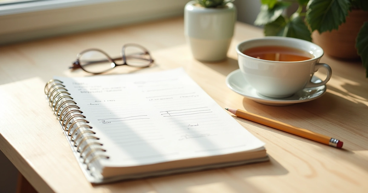 Caderno aberto com anotações de metas e xícara sobre mesa clara