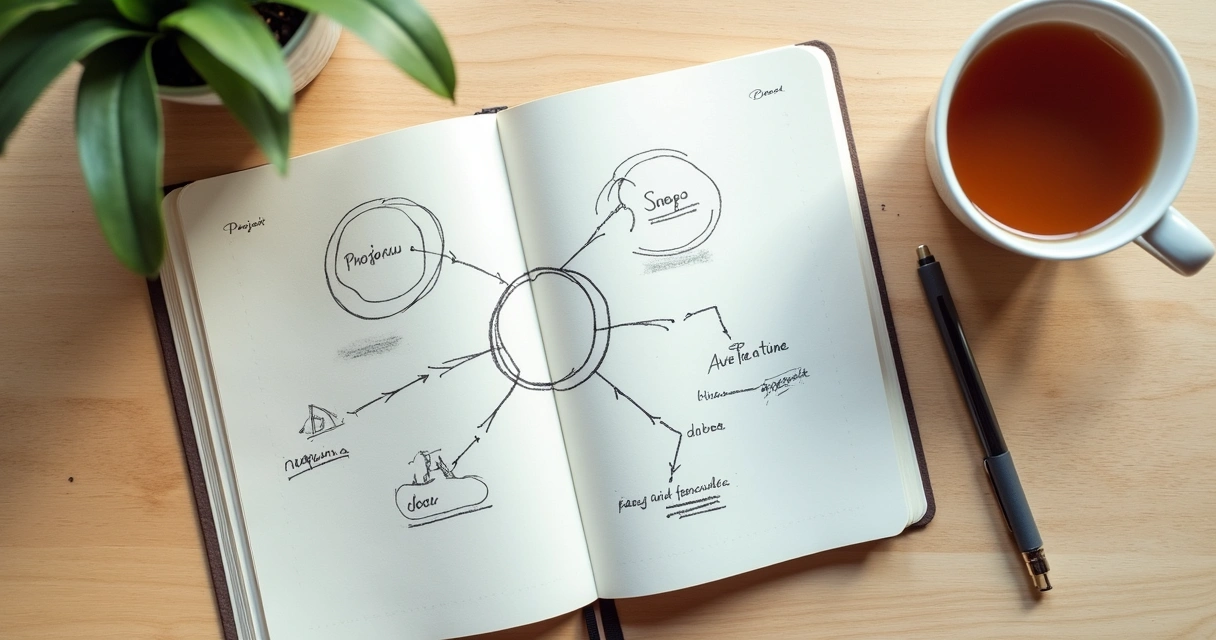 Caderno aberto com mapa de projeto e anotações em mesa clara 