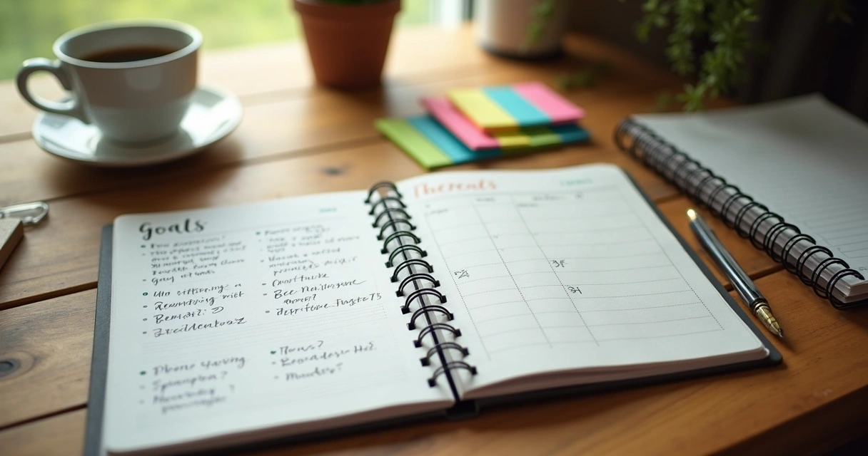 Caderno com metas, calendário e anotações em mesa de trabalho 
