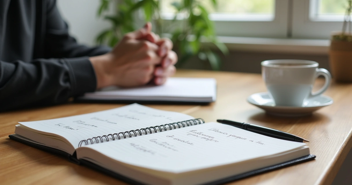 Caderno de planejamento com anotações e pessoa refletindo à mesa