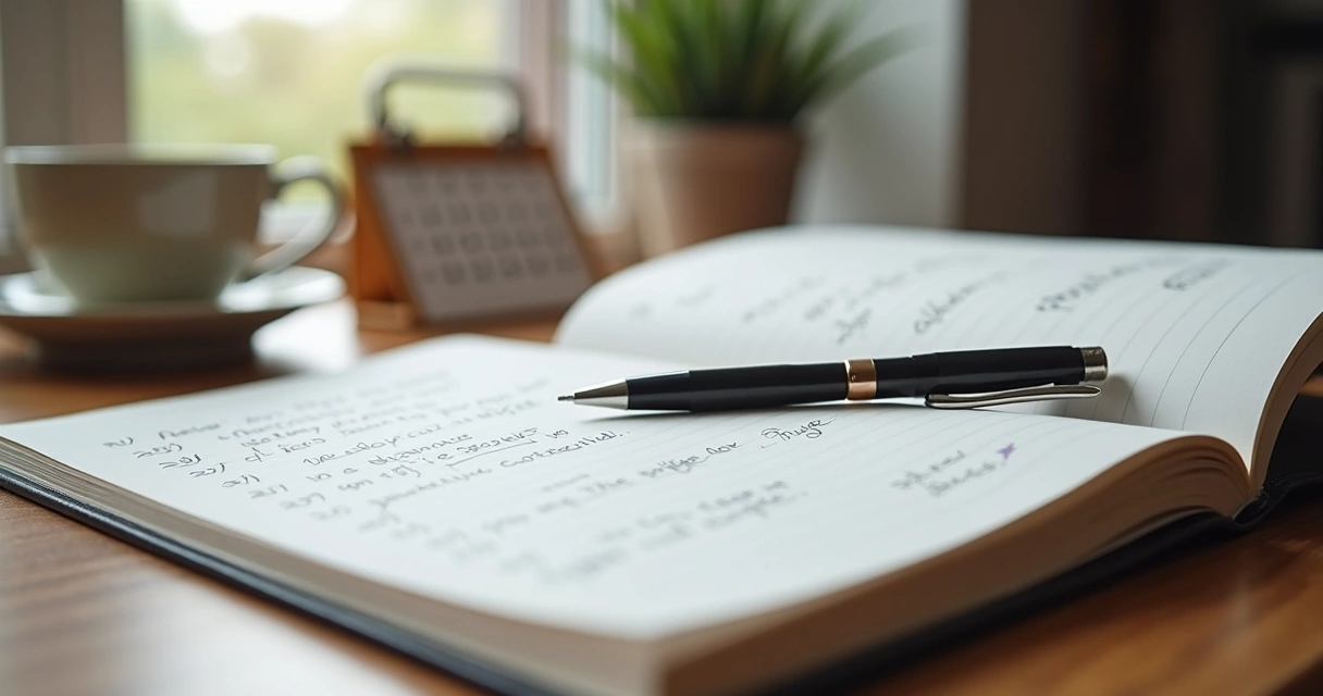 Caderno aberto com planejamento e anotações reflexivas 