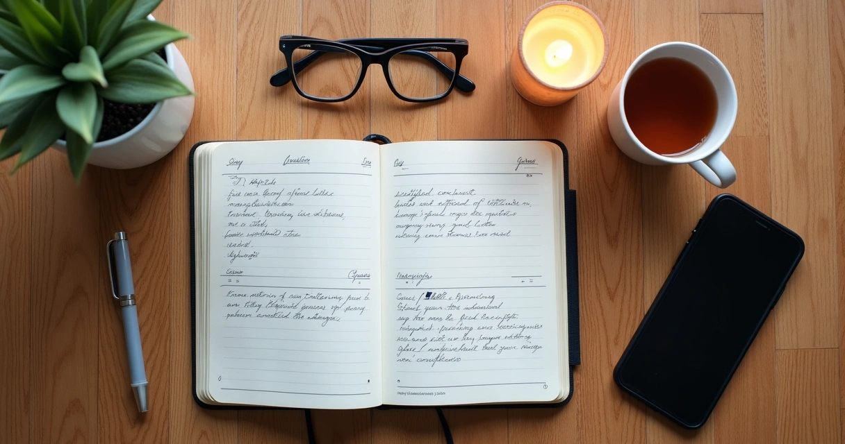Caderno com plano de carreira ao lado de xícara e vela