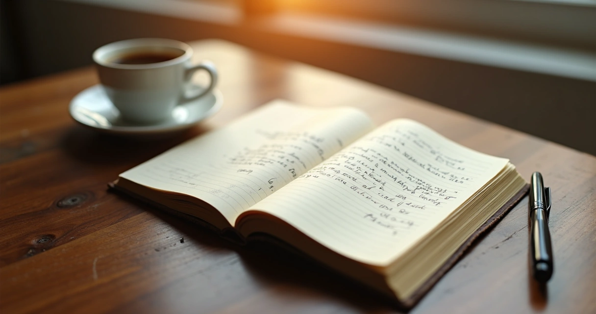 Caderno aberto com anotações e caneta ao lado de uma xícara de café 