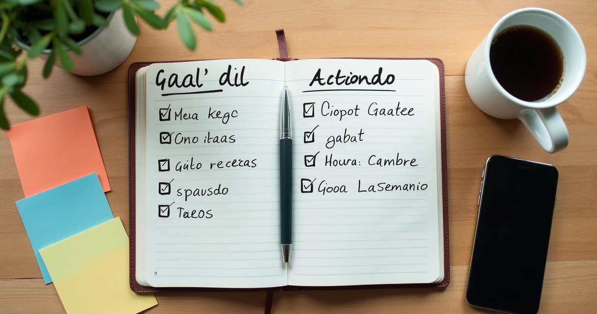 Caderno aberto com metas e etapas de ação na mesa