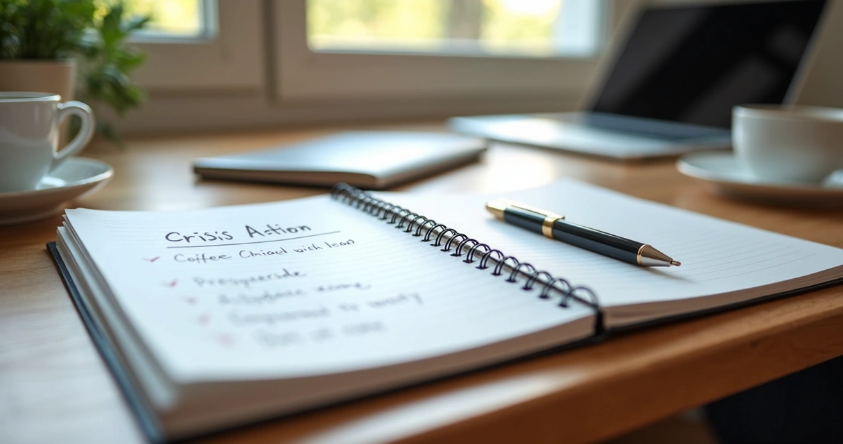 Caderno com plano de ação e xícara sobre mesa de trabalho