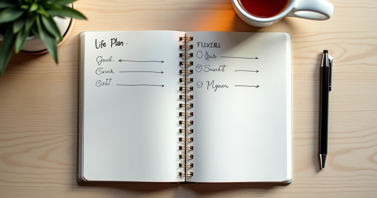 Caderno com plano flexível, caneta e anotações em mesa clara 
