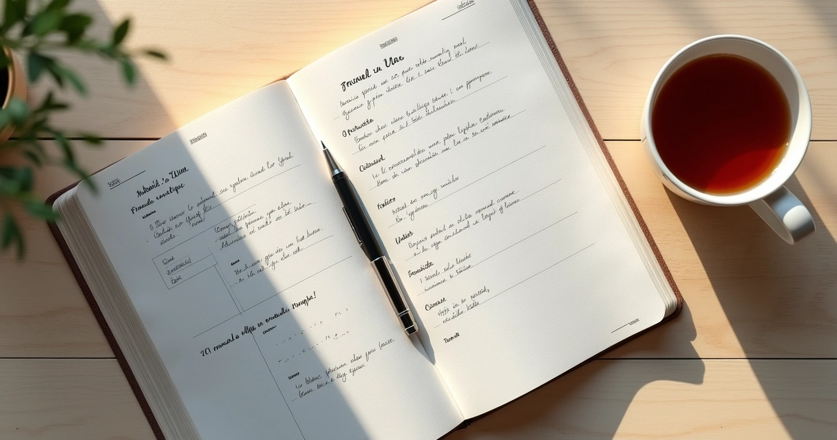 Caderno aberto com plano pessoal e caneta sobre mesa