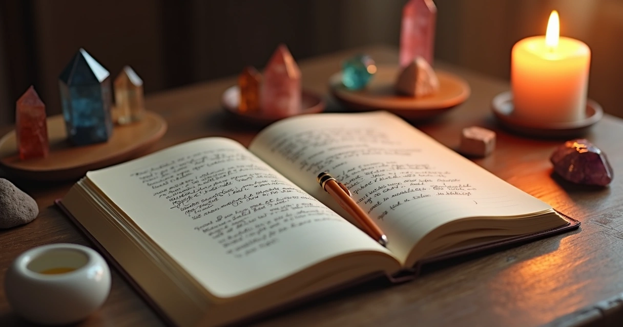 Caderno com anotações de práticas espirituais e cristais úteis ao lado 