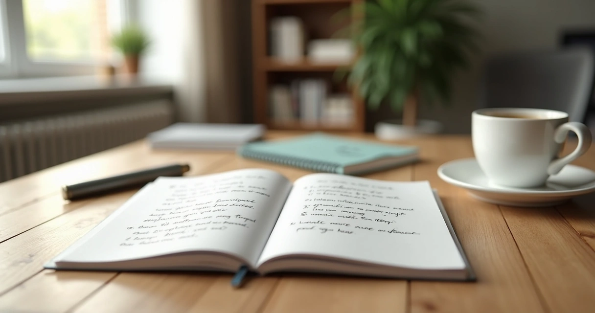 Caderno aberto com perguntas de propósito em uma mesa de trabalho 